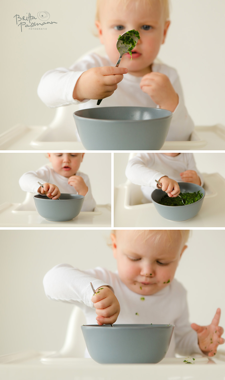 Baby beim Mittagsessen Fotoshooting Spinat essen